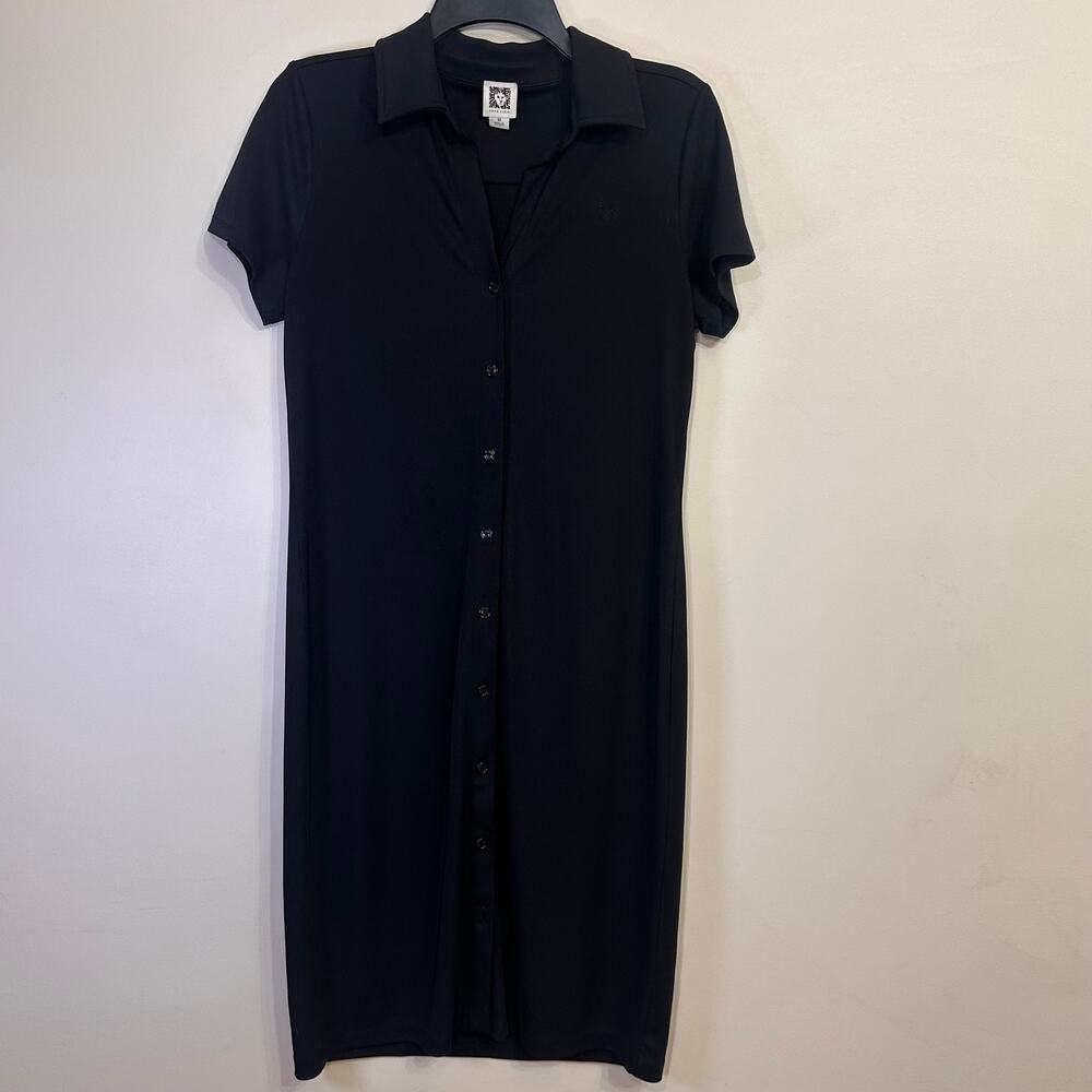 Anne Klein Black Polo Shirt Dress Button Front Midi Dress M
